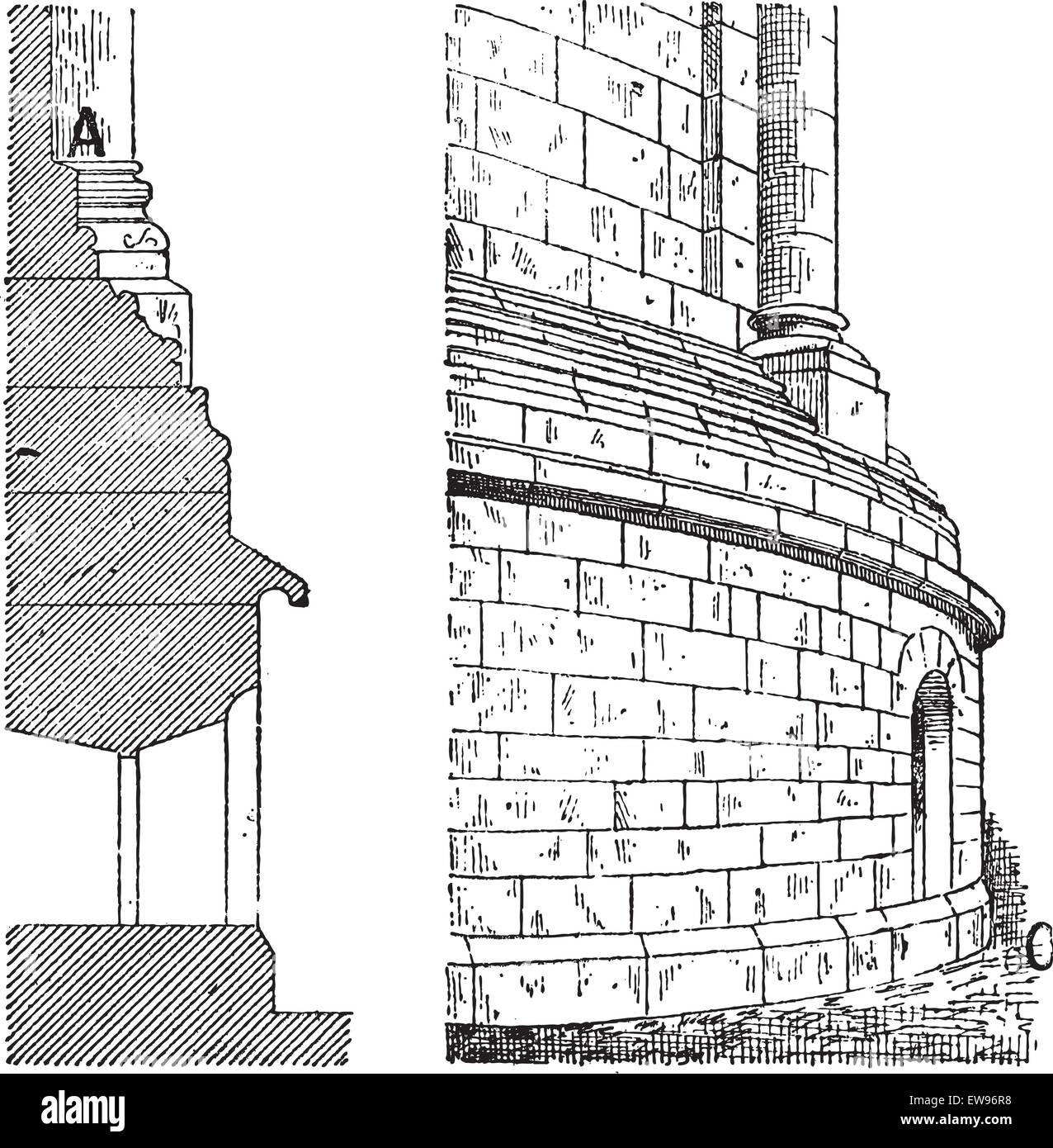 Östlichen Apsis der Kathedrale Turm Profil Ansicht (links) und perspektivische Ansicht (rechts), während des 12. Jahrhunderts, Jahrgang graviert Stock Vektor