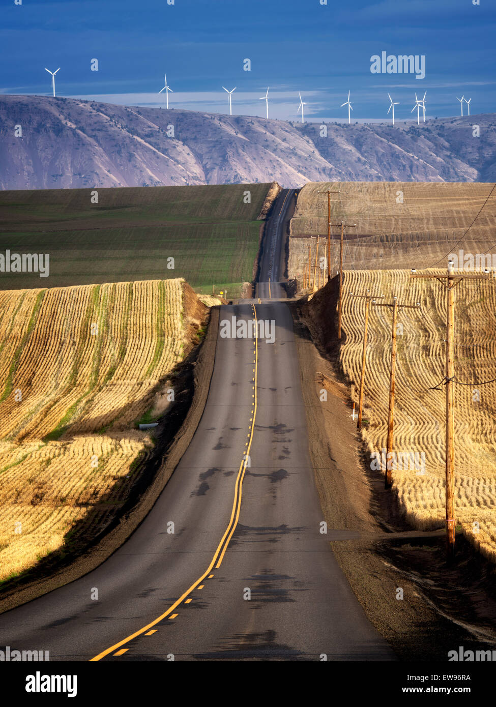 Hintere Straße und Windturbinen in Sherman County in der Nähe der Columbia River Gorge, Oregon Stockfoto