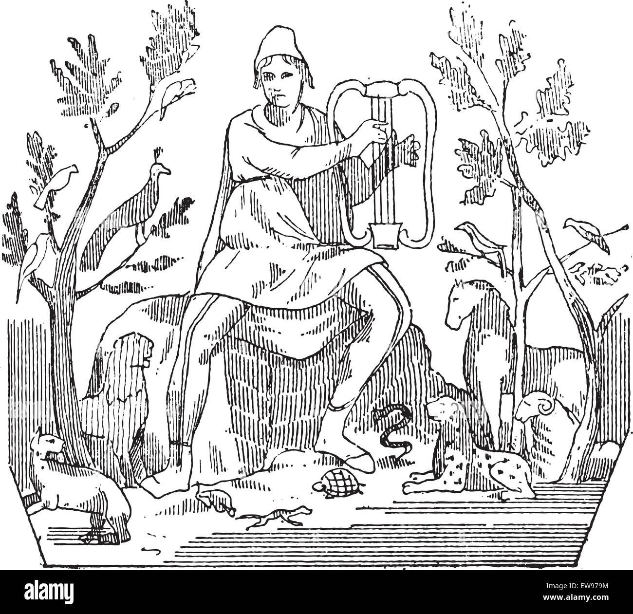 Orpheus, die Gewinnung von wilder Tieren, den Klang seiner Leier, graviert Vintage Illustration. Wörter und Sachen - Larive Stock Vektor
