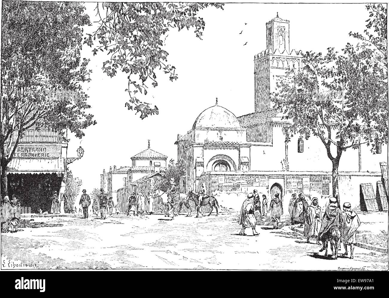 Straße der großen Moschee, Tlemcen, Algerien, graviert Vintage Illustration. Wörter und Sachen - Larive und Fleury Stock Vektor