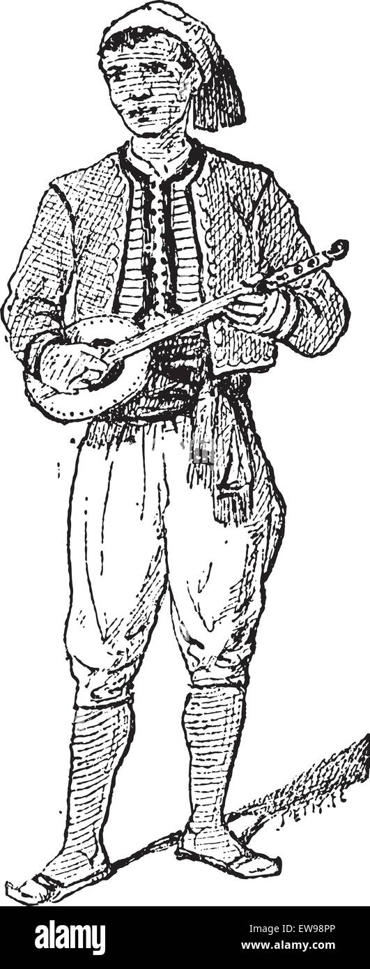 Tunesische, spielen ein Tambur, Vintage gravierten Abbildung gezeigt. Wörterbuch der Worte und Dinge - Larive und Fleury - 1895 Stock Vektor