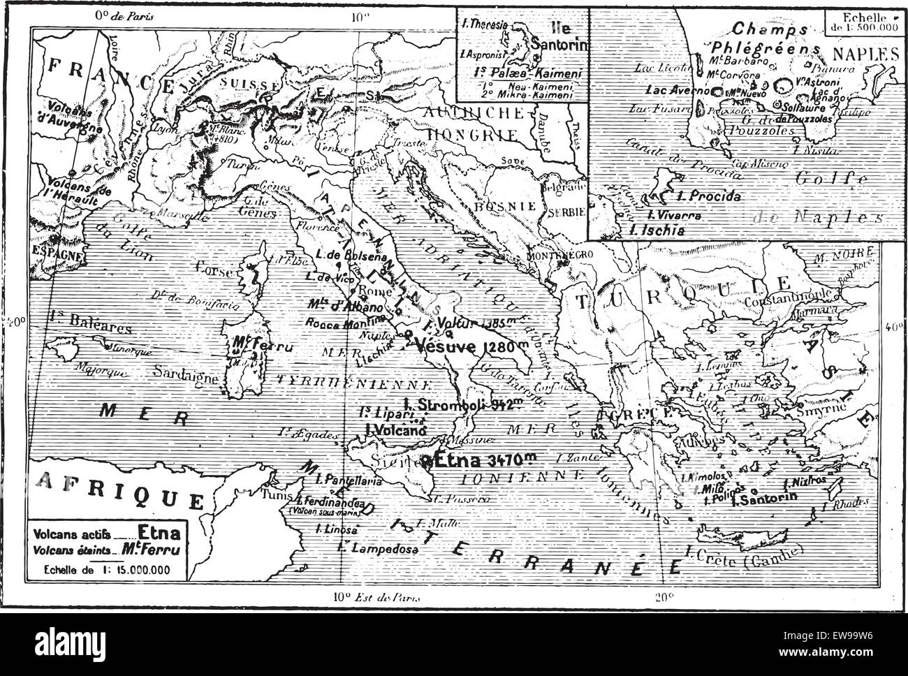 Karte der Vulkane in das Mittelmeer, Italien, Griechenland, Vintage gravierten Abbildung. Wörter und Sachen - Larive und Stock Vektor