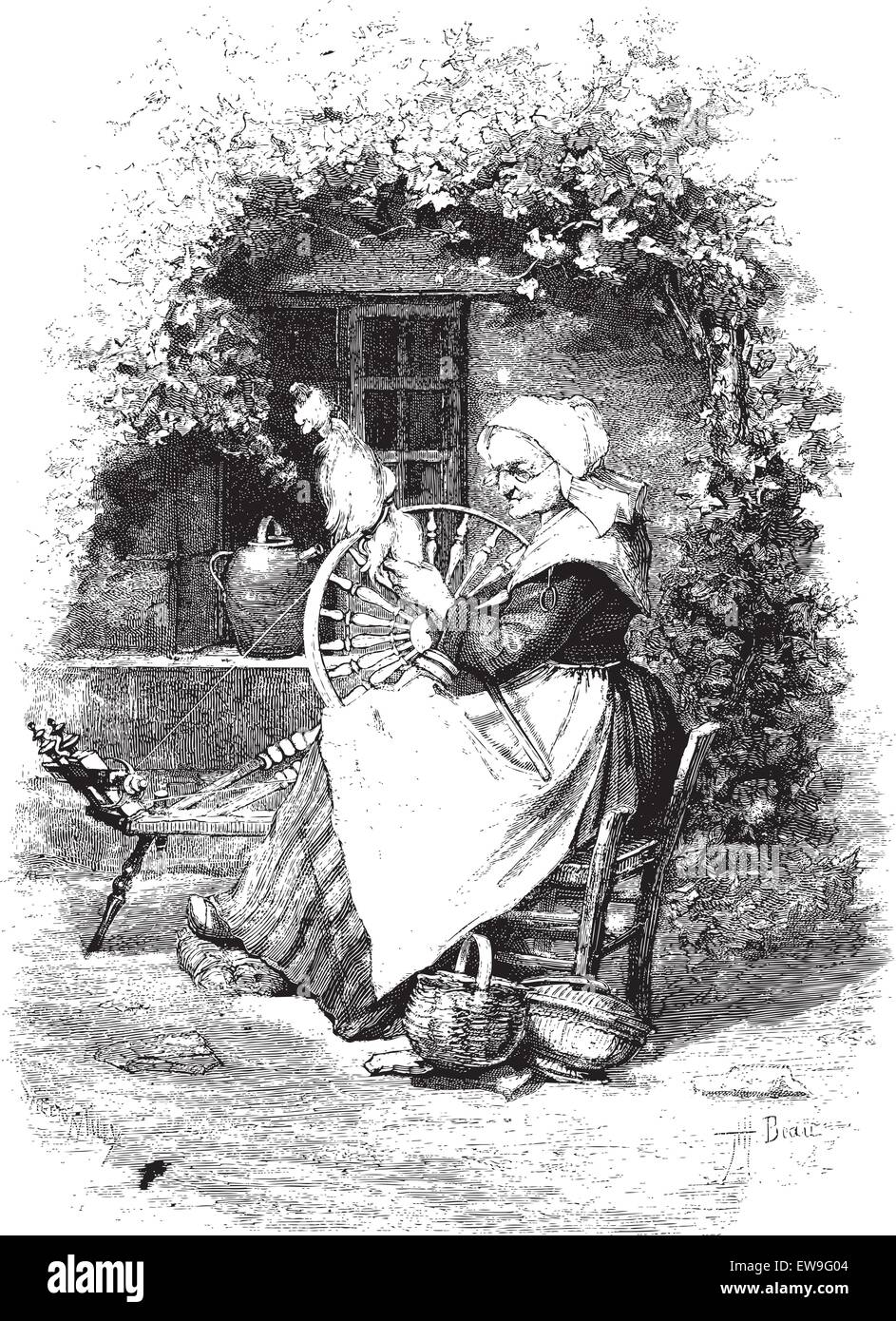 Die Spinner graviert Vintage Illustration. Magasin Pittoresque 1875. Stock Vektor