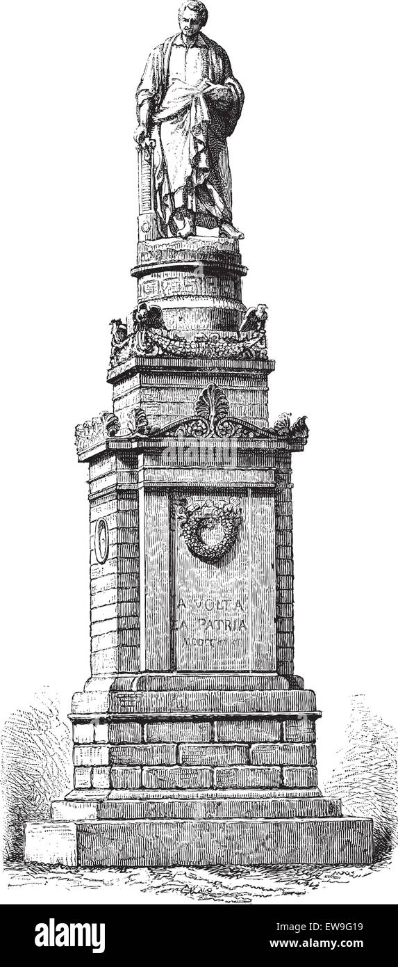 Denkmal von Alessandro Volta, eingraviert in Como, Italien, Jahrgang Abbildung. Le Magasin Pittoresque - Larive und Fleury - 1874 Stock Vektor