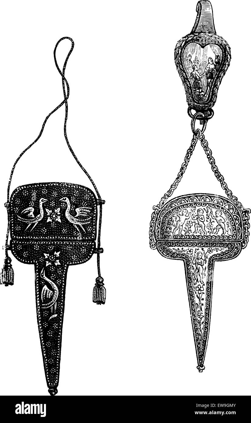 Fälle von einer Schere sechzehnten und siebzehnten Jahrhundert. (Sammlung von M. Achille Jubinal), Vintage gravierten Abbildung. Maga Stock Vektor