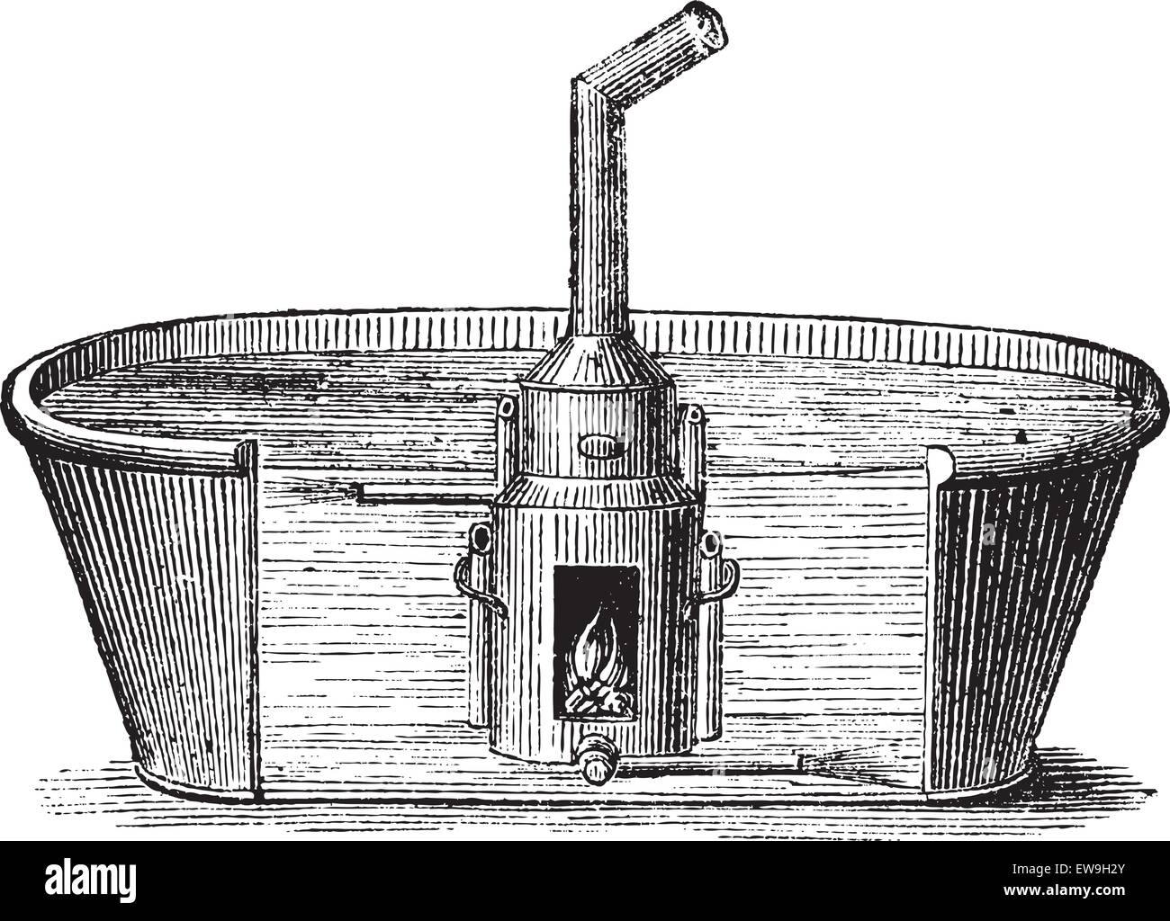 Abb. 137. Bad mit mobilen Gerät, Wasser in einem großen Bad mit Holzkohle, Vintage gravierten Abbildung 45 Minuten erhitzen. Magasin Stock Vektor