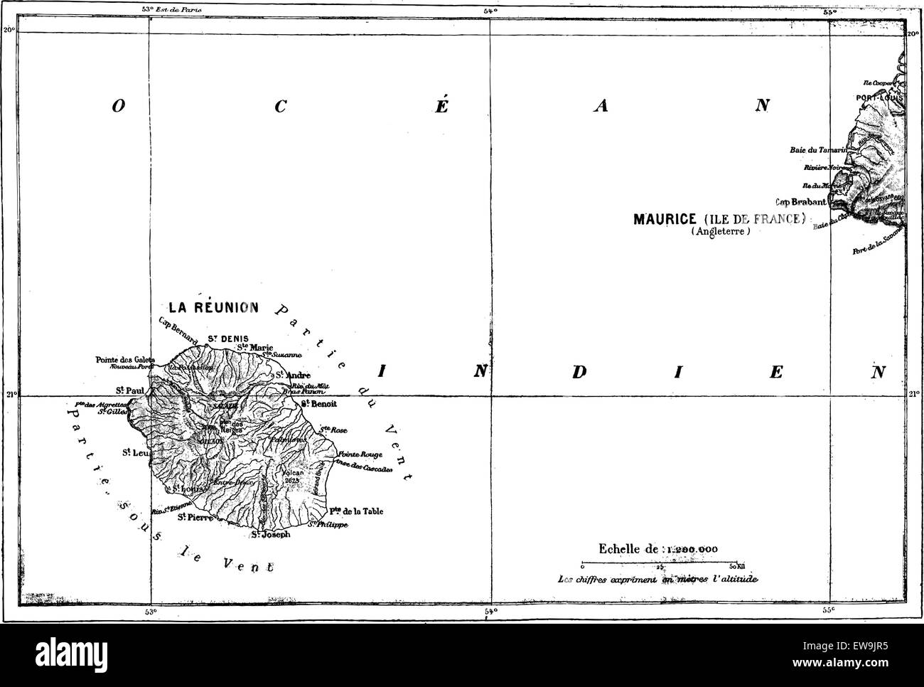 La Réunion und Mauritius Karte graviert Vintage Illustration. Wörter und Sachen - Larive und Fleury - 1895. Stock Vektor