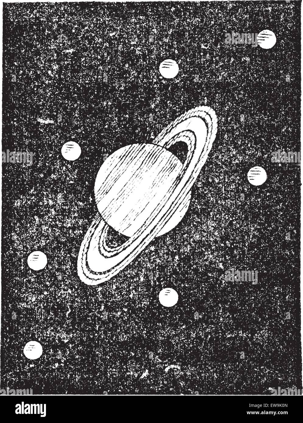 Alten gravierte Darstellung von Saturn und seine Satelliten. Wörter und Sachen - Larive und Fleury? 1895 Stock Vektor