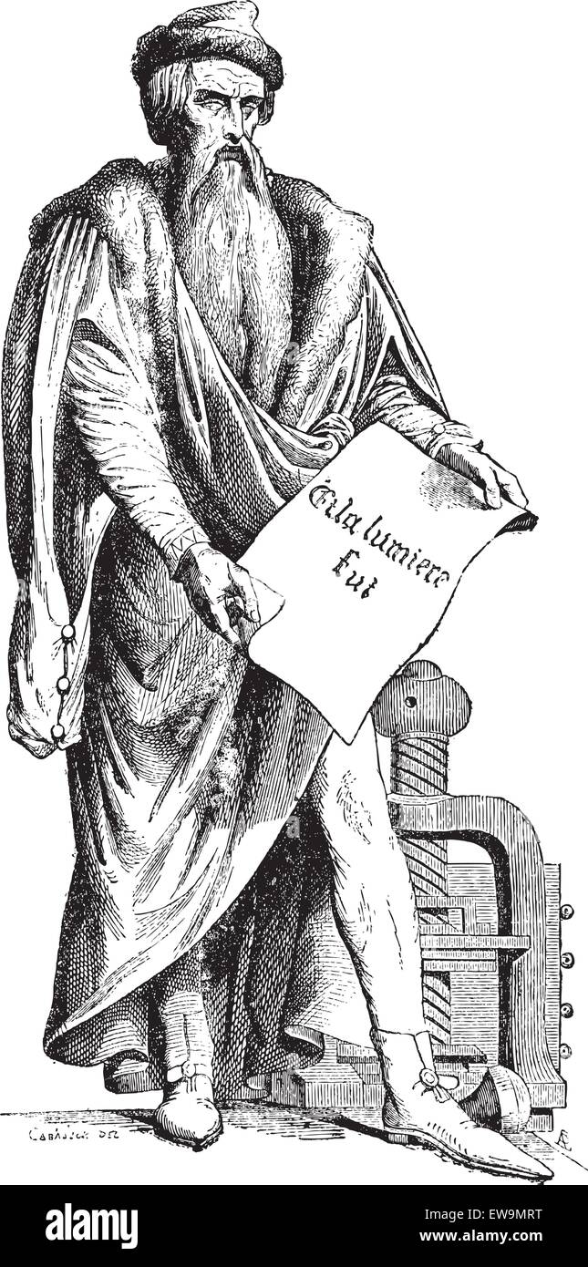 Alten gravierten Abbildung von Johannes Gensfleisch Zur beladenes Zum Gutenberg Bronze Statue von David Hazard. Die Eröffnung am Jun Stock Vektor