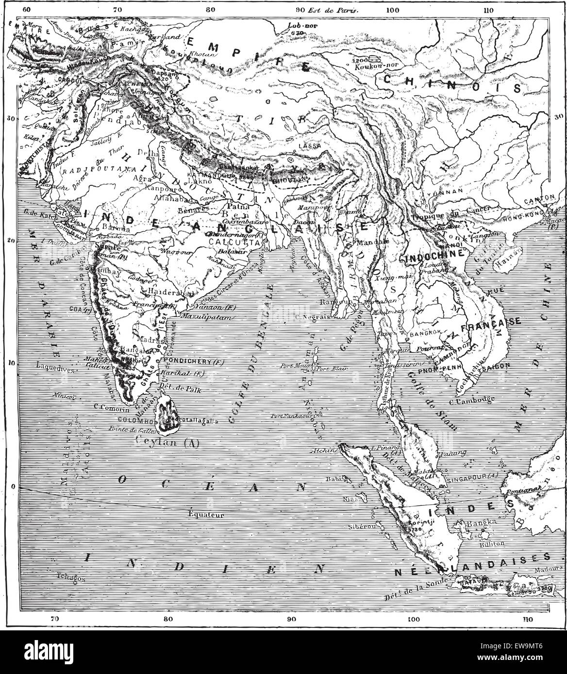 Alten gravierte Darstellung der Karte von Indien und Indochina. Wörter und Sachen - Larive und Fleury? 1895 Stock Vektor