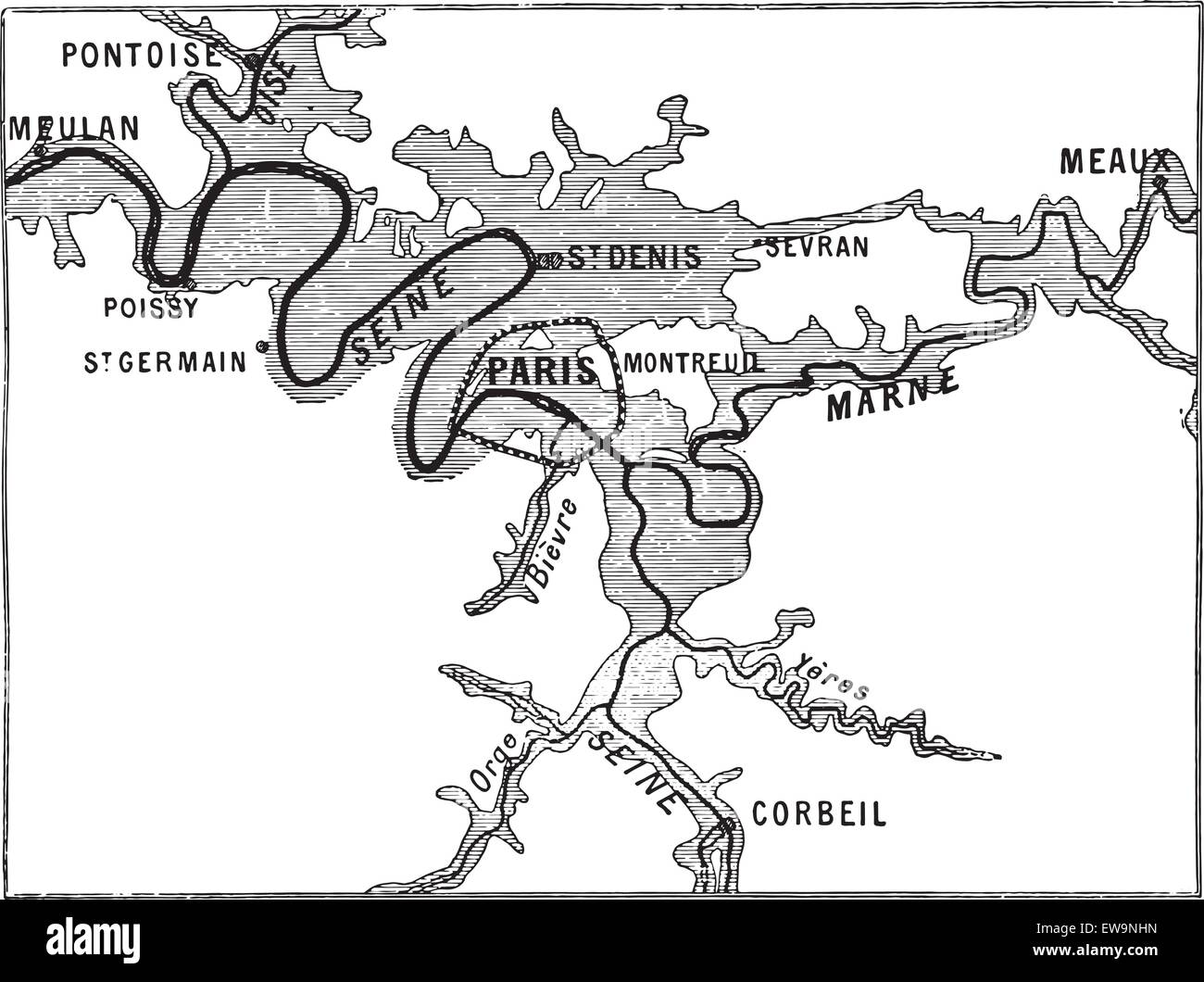 Karte der großen Flüsse in Paris, Vintage gravierten Abbildung. Wörter und Sachen - Larive und Fleury - 1895. Stock Vektor