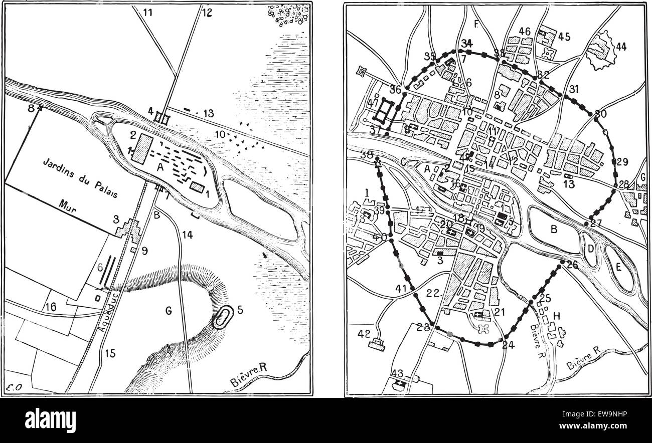 Karte von Paris Gallo-römischen, Vintage gravierten Abbildung. Wörter und Sachen - Larive und Fleury - 1895. Stock Vektor