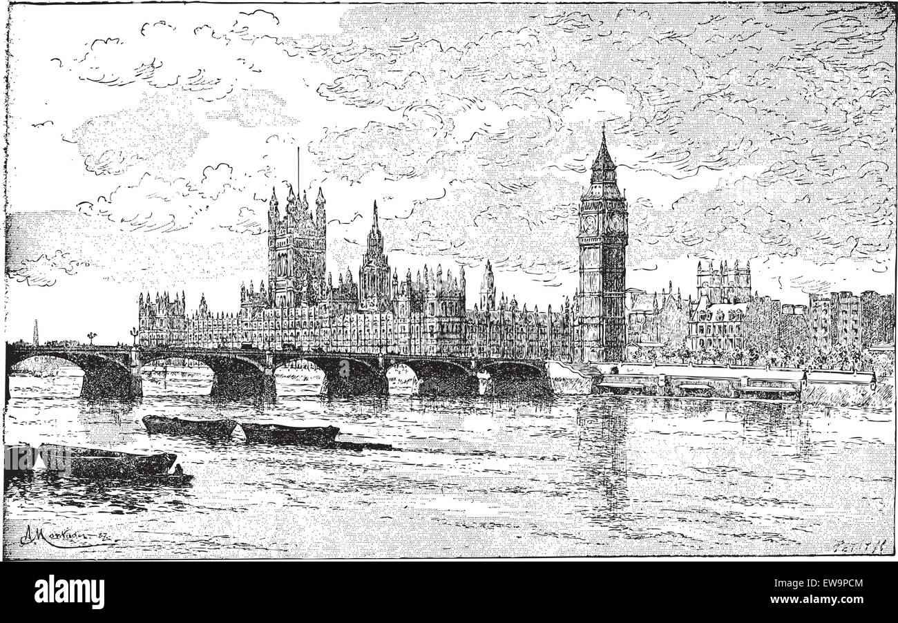 Westminster Bridge und den Houses of Parliament in London, England, eingraviert Vintage Illustration. Wörter und Sachen Stock Vektor