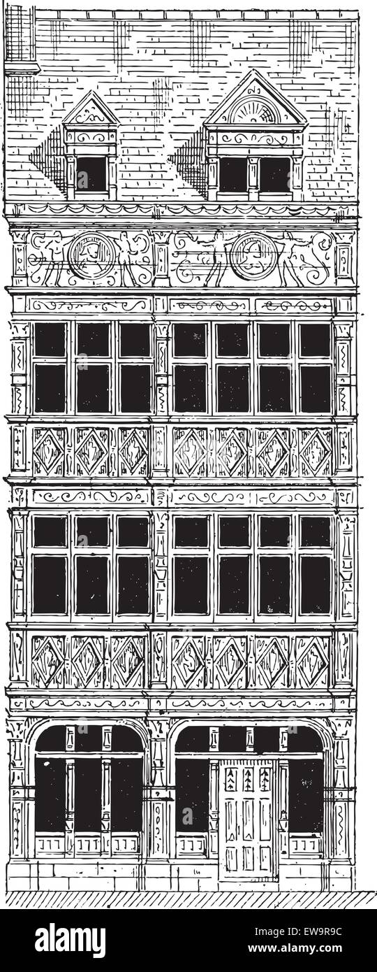 Haus in Rouen in Haute-Normandie, Frankreich, während des 16. Jahrhunderts, Vintage gravierten Abbildung. Wörter und Sachen Stock Vektor