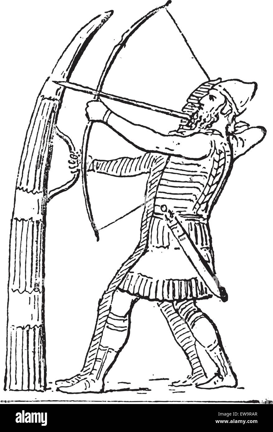 Turmblende Inhaber, begleitet von einem Bogenschützen, die Verteidigung der assyrischen Stadt Ninive, Vintage eingravierten Abbildung. Wörterbuch der Wörter und Dinge - Larive und Fleury - 1895 Stock Vektor