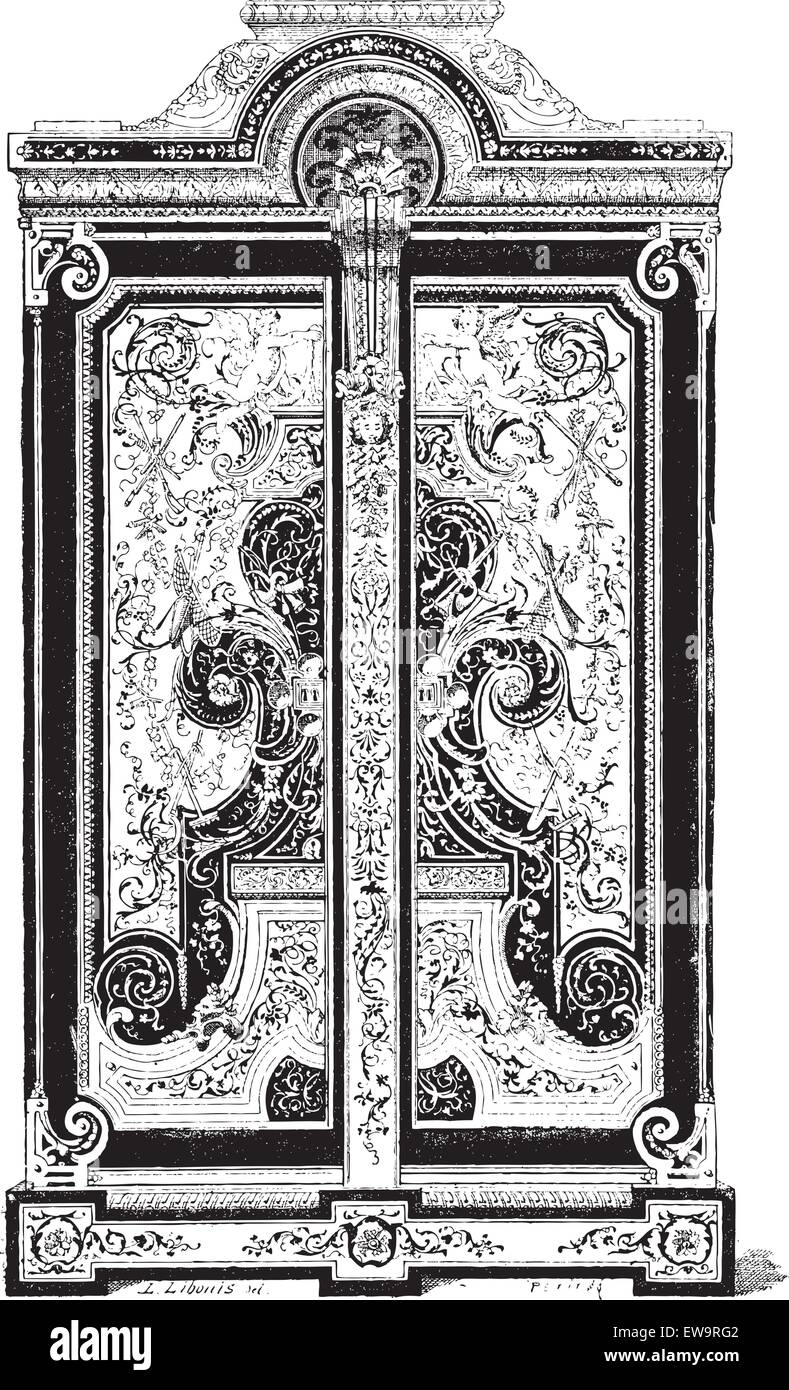 Boule Schaltschrank in der Nähe des Louvre in Paris, Frankreich, mit Kupfer und Schildpatt Garnituren, während des 17. Jahrhunderts, Vintage eingravierten Abbildung. Wörterbuch der Wörter und Dinge - Larive und Fleury - 1895 Stock Vektor