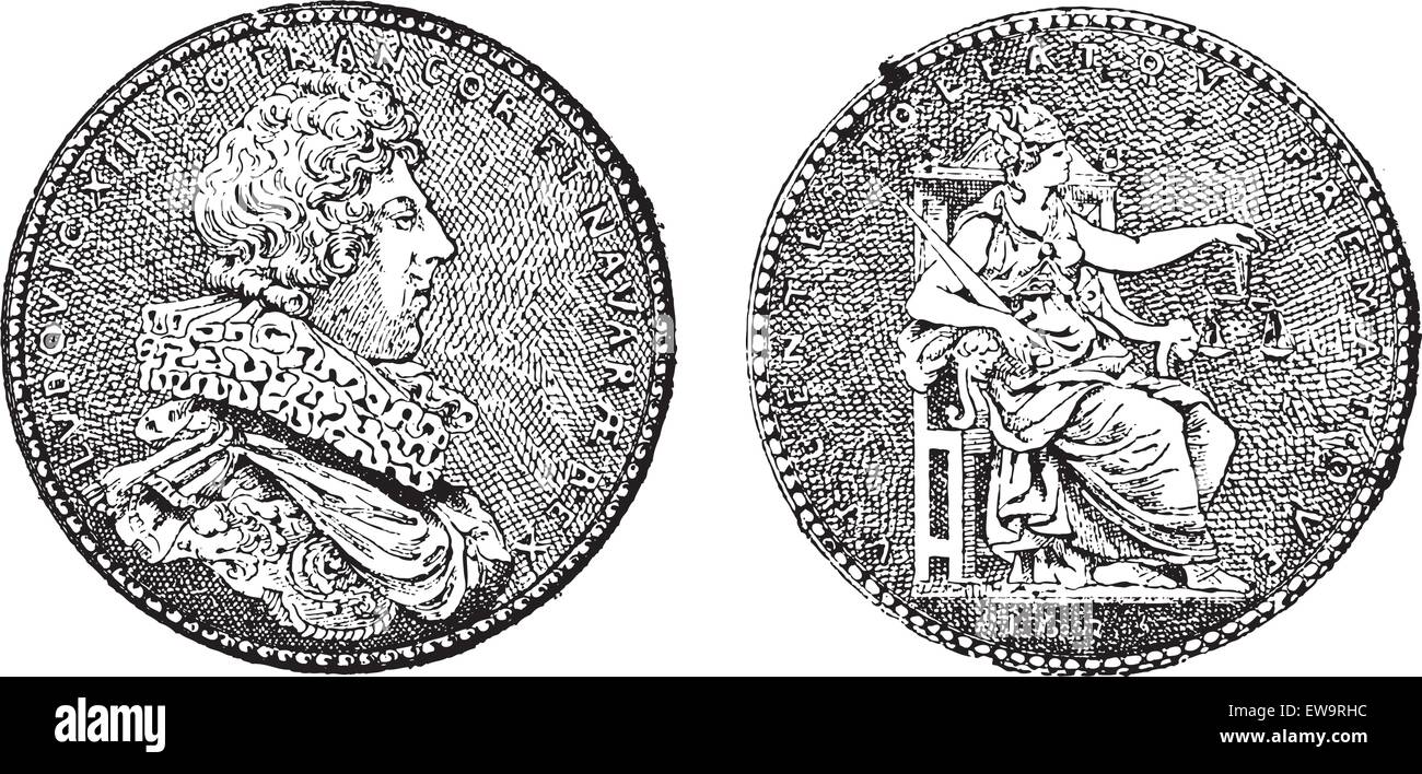 Medaille zeigt König Ludwig XIII. von Frankreich, von Guillaume Dupre, Vintage eingravierten Abbildung. Wörterbuch der Wörter und Dinge - Larive und Fleury - 1895 Stock Vektor