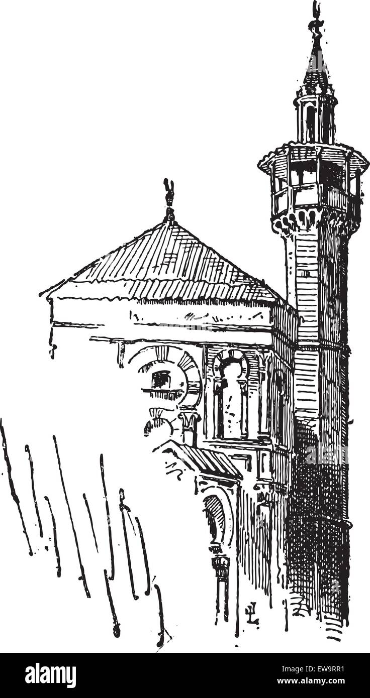 Minarett, in der Großen Moschee von Kairouan in Tunesien, Vintage eingravierten Abbildung. Wörterbuch der Wörter und Dinge - Larive und Fleury - 1895 Stock Vektor