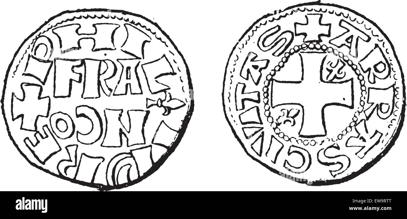 Münze Währung, während der Herrschaft von Philipp II. von Frankreich, Vintage Illustration eingraviert. Wörter und Sachen - Larive ein Stock Vektor