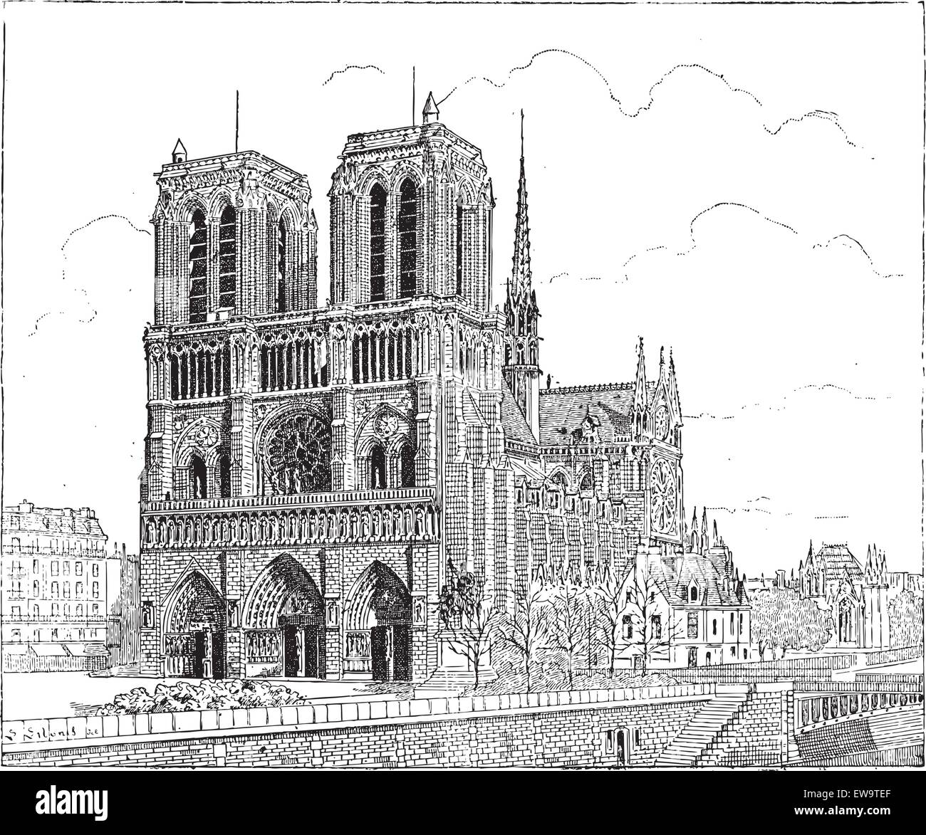 Notre Dame de Paris, in Paris, Frankreich, im Jahre 1163 erbaut, Vintage eingravierten Abbildung. Wörterbuch der Wörter und Dinge - Larive und Fleury - 1895 Stock Vektor