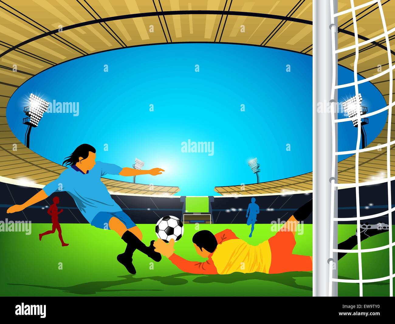 Abbildung: ein Fußball-Spiel in einer im Stadion. Blue Team Player ist mit einem Schuß am Ziel und goaler von Red Team versuchen, den Kick vom Erreichen des Ziels zu stoppen. Stock Vektor