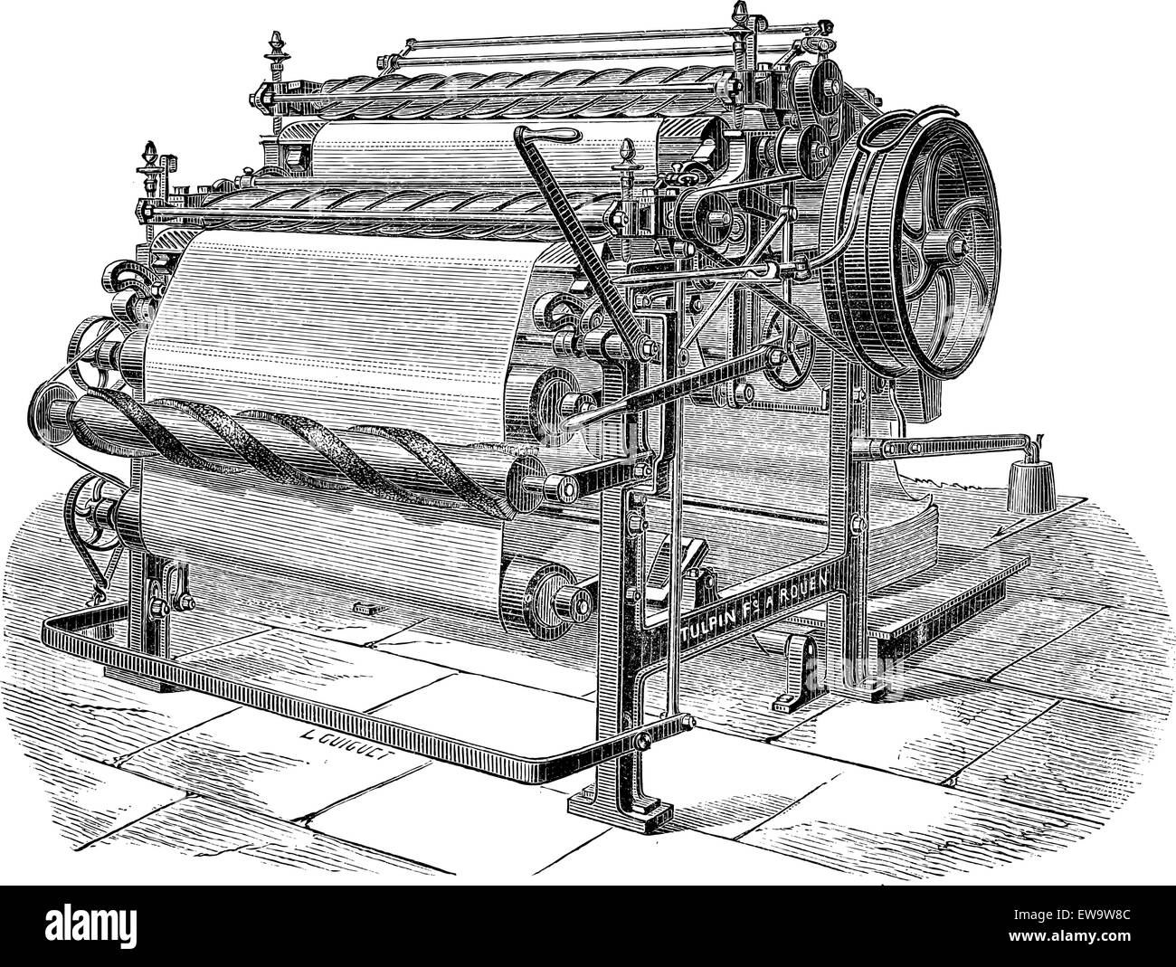 Papiermaschine mit zwei Zylindern, graviert Vintage Illustration. Industrielle Enzyklopädie - E.O Lami - 1875 Stock Vektor