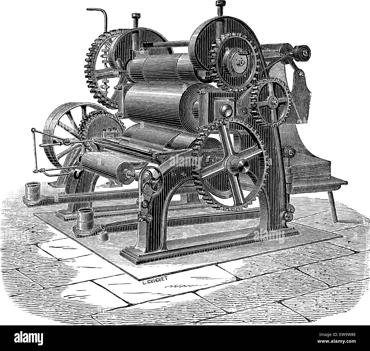 Papiermaschine mit drei Zylindern, graviert Vintage Illustration. Industrielle Enzyklopädie - E.O Lami - 1875 Stock Vektor