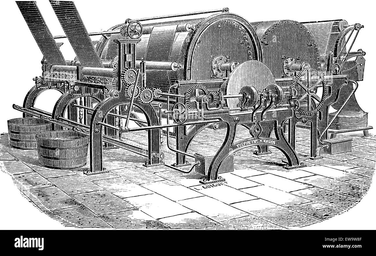 Papiermaschine mit Trockenzylinder, graviert Vintage Illustration. Industrielle Enzyklopädie - E.O Lami - 1875 Stock Vektor