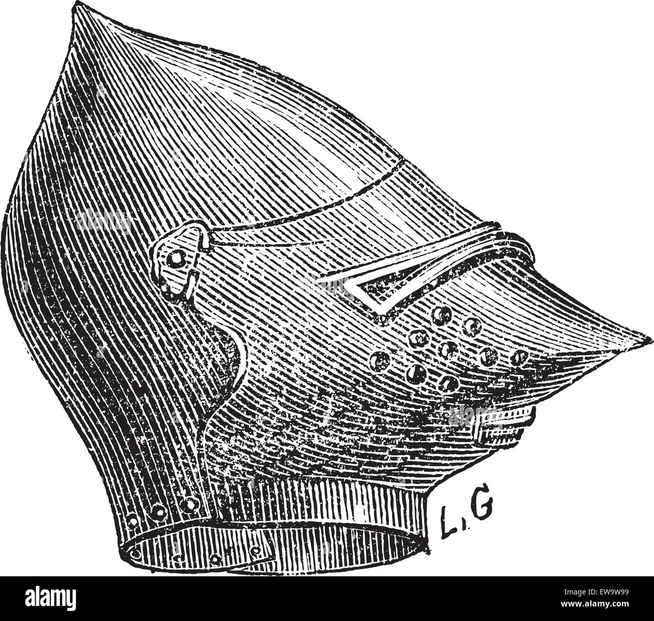 Alten graviert Abbildung der Maske Helm isoliert auf einem weißen Hintergrund. Industrielle Enzyklopädie E.-O. Lami? 1875. Stock Vektor