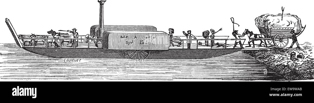 Alten graviert Außenillustration Dampf Schlepper mit Passagieren. Industrielle Enzyklopädie E.-O. Lami - 1875. Stock Vektor