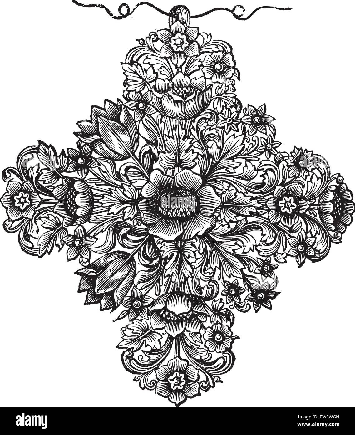 Alte eingravierte Darstellung der Gold Kreuz des siebzehnten Jahrhunderts französisch Arbeit, auf einem weißen Hintergrund. Industrielle Enzyklopädie E.-O. Lami - 1875. Stock Vektor