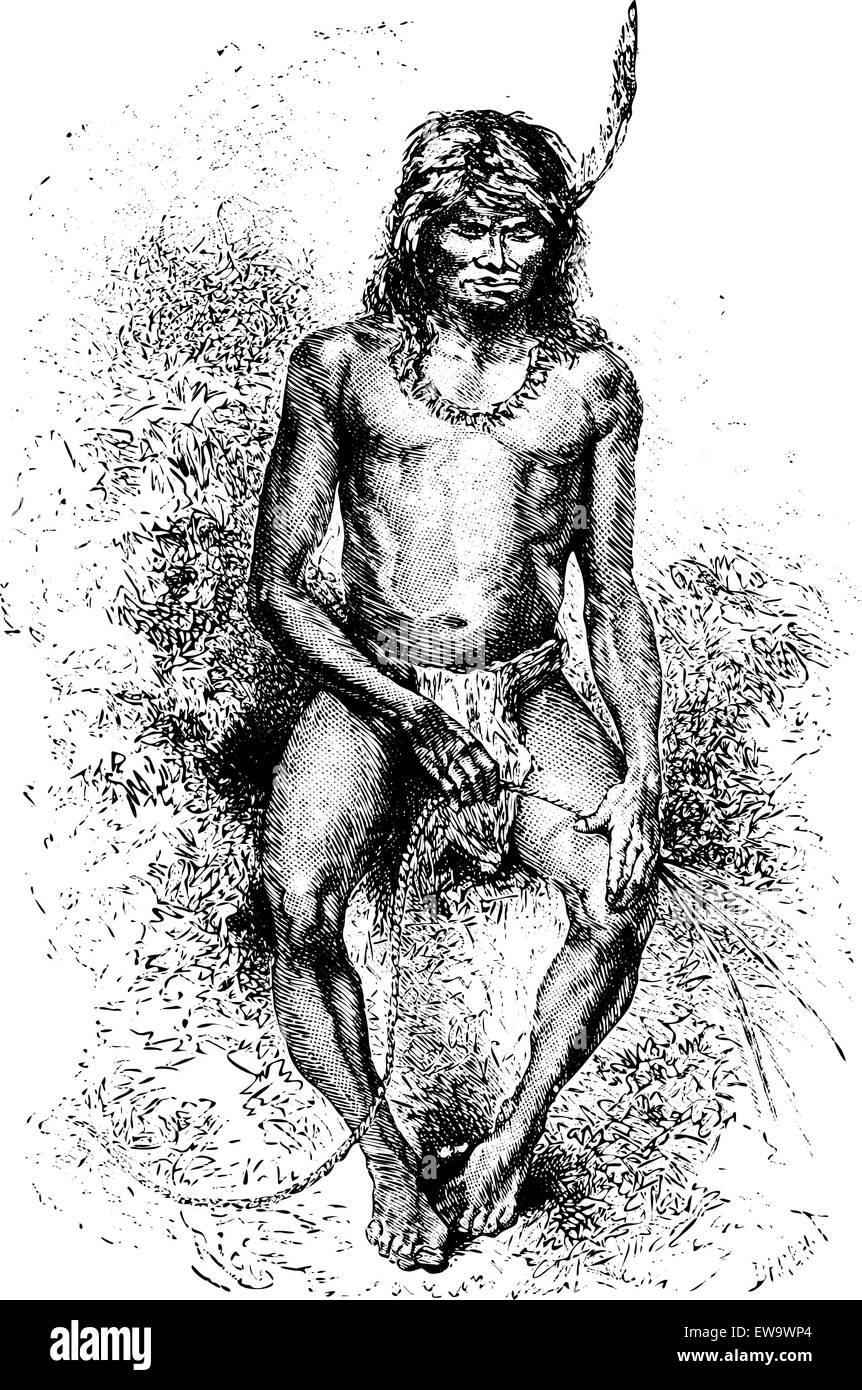 Native Mann ein Seil in Oiapoque, Brasilien, Zeichnung von Riou aus einer Skizze von Dr. Crevaux, Vintage eingravierten Abbildung. Le Tour du Monde, Travel Journal, 1880 Stock Vektor