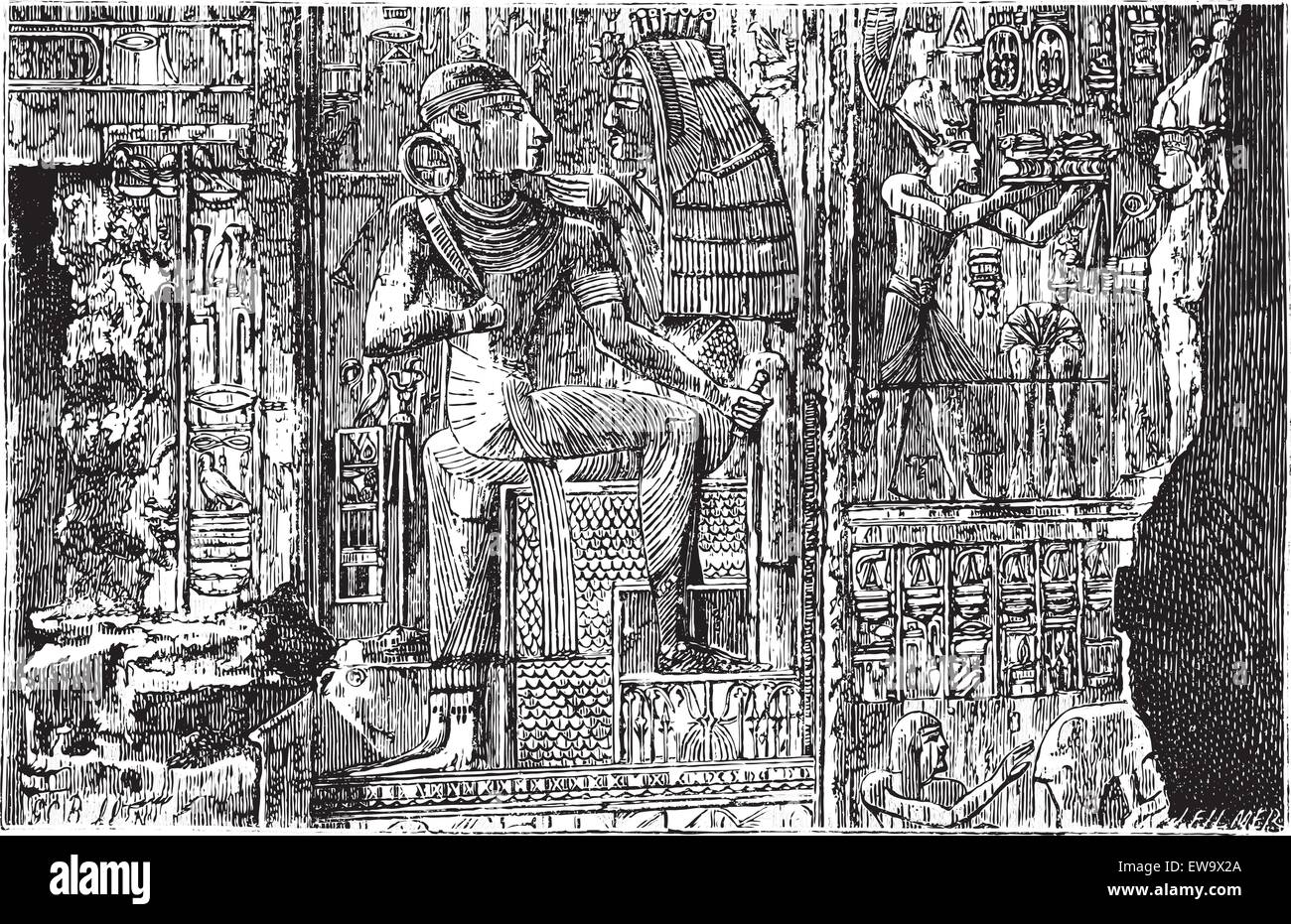 Abydos, Ägypten. Bas-relief Abbildung: hieroglyphe Schnitzereien an der Wand. Komplexe Szene Schnitzen von ägyptischen Gott und Pharao. Live Vektor trace. Stock Vektor