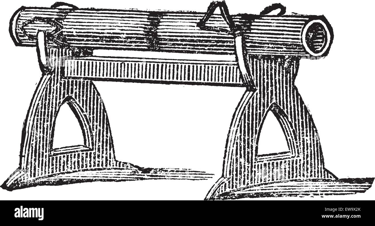 Gravur einer Kanonenplattform, die in der Schlacht von Cressy im Jahr 1346 verwendet wurde. Alte Illustration einer antiken Waffe im Hundertjährigen Krieg verwendet. Stock Vektor