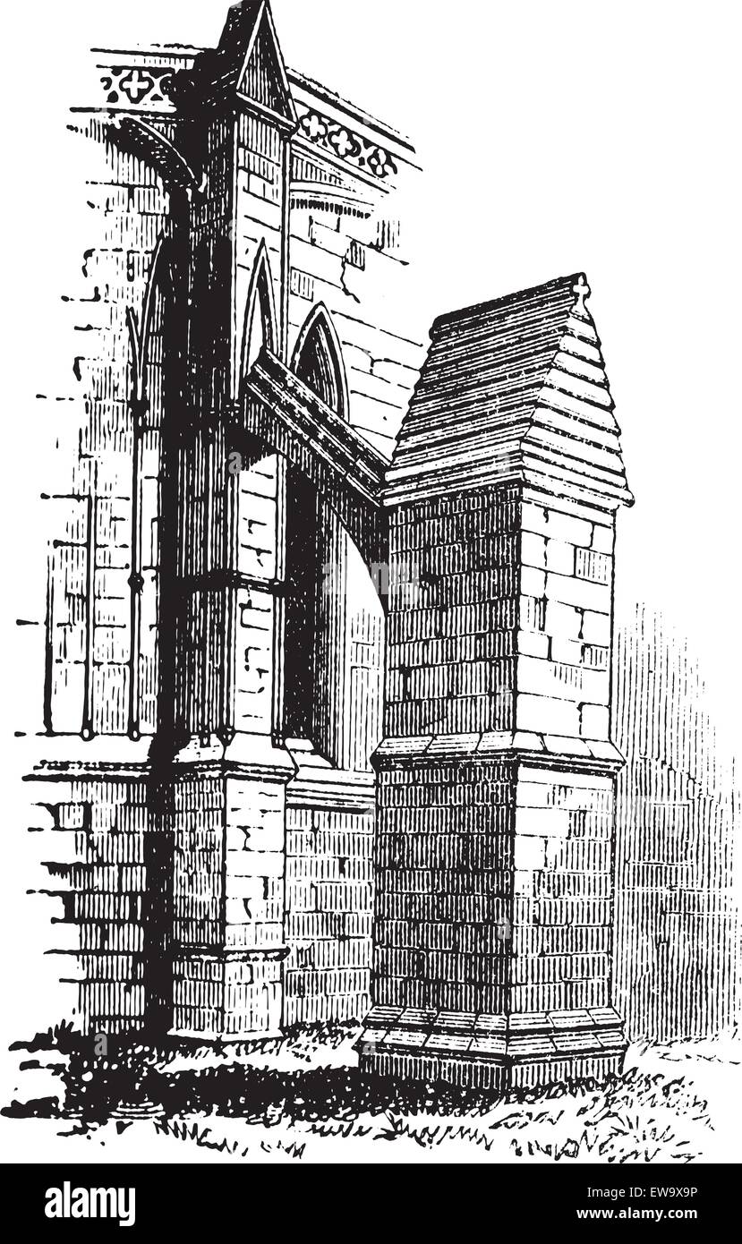 Stützpfeiler Arch Kathedrale von Lincoln, England. Alte Gravur. Alte eingravierten Abbildung eines buttres Bogen der Kathedrale Kirche der Seligen Jungfrau Maria von Lincoln. Stock Vektor