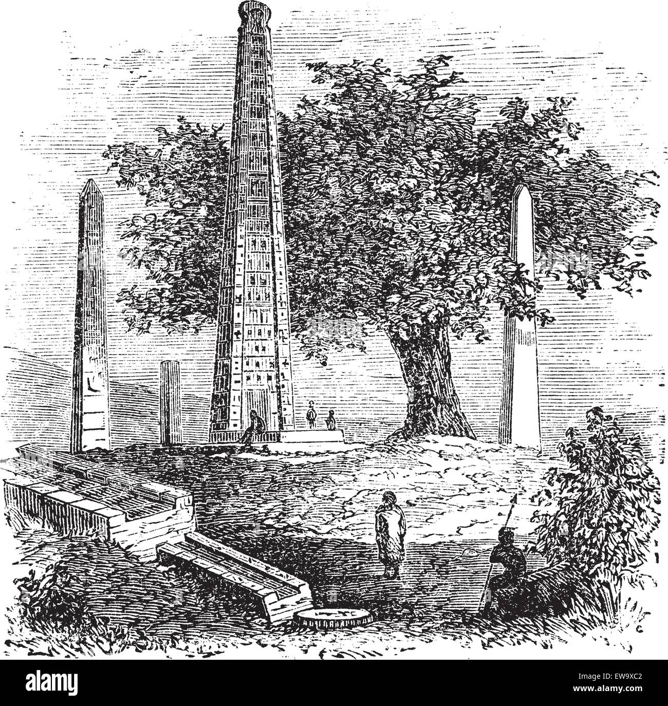 Obelisk von Axum oder Rom Stele, in Tigray Region, Äthiopien, in den 1890er Jahren, vintage Gravur. Alte eingraviertem Muster des Obelisken von Axum. Stock Vektor