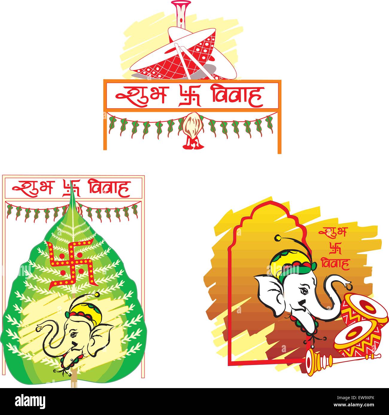 Shubh Vivah, indische Hochzeit, das Betelblatt symbolisiert Wohlstand, den Elefanten symbolisiert Weisheit, die Dhol Drums symbolisiert Festliche Musik, Vector Illustration Stock Vektor