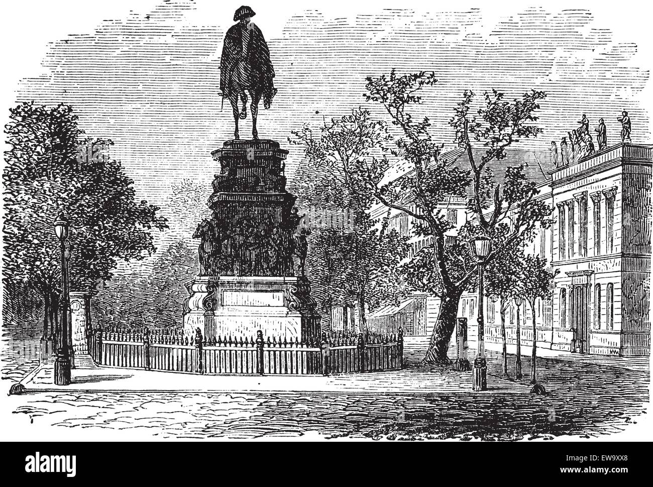 Friedrich der große auch bekannt als Fritz, König, Statue, Berlin, Deutschland, alte gravierte Darstellung des Friedrich der große König, Statue, Berlin, Deutschland. Stock Vektor