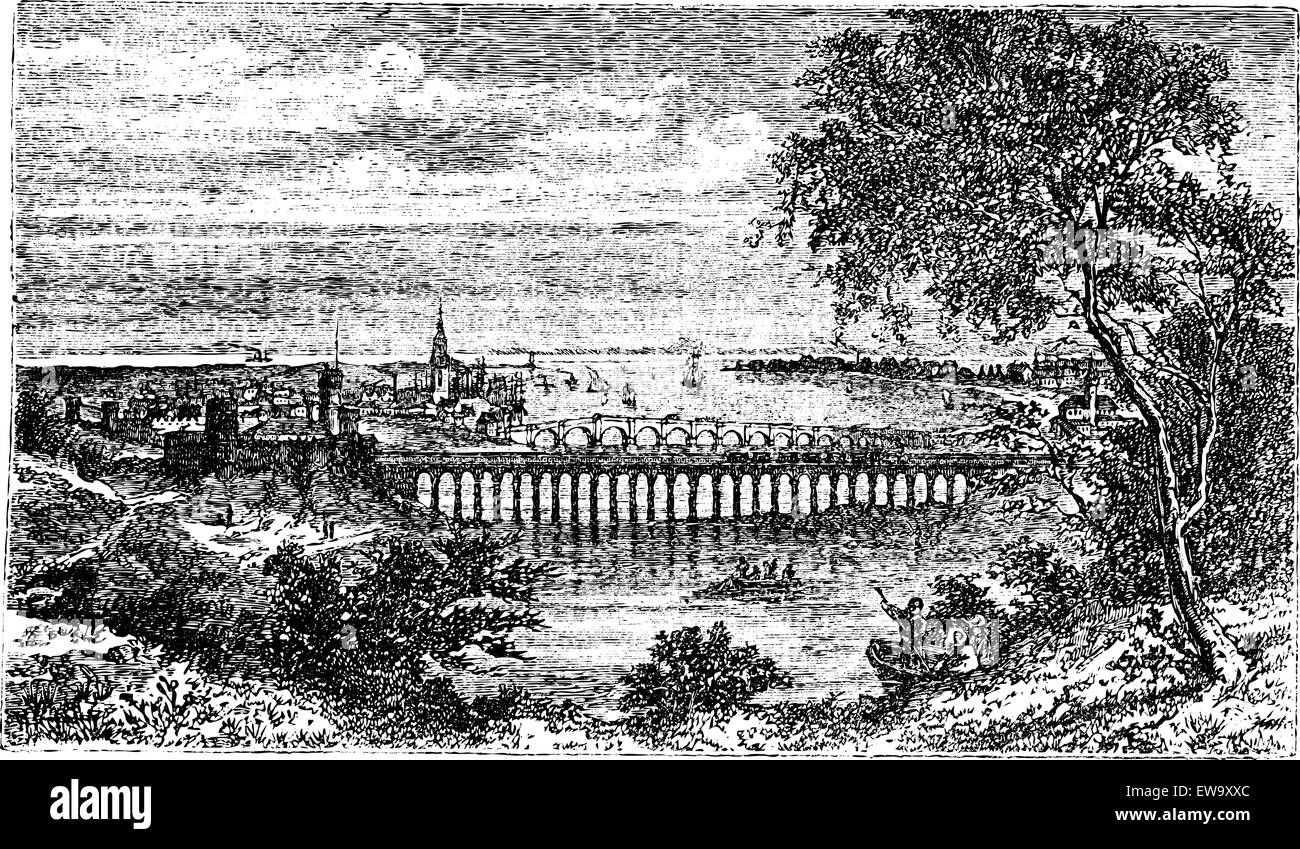 Berwick-upon-Tweed auch bekannt als Berwick Stadt, Northumberland, England, graviert alte Abbildung der Stadt Berwick, England. Stock Vektor