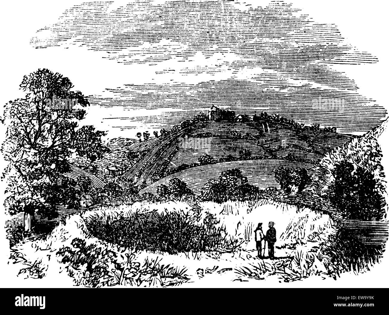 Arthurs Tafelrunde, Caerleon Amphitheater, England, Vereinigtes Königreich, alte eingravierten Abbildung: Arthurs Tafelrunde, Großbritannien, 1890. Stock Vektor