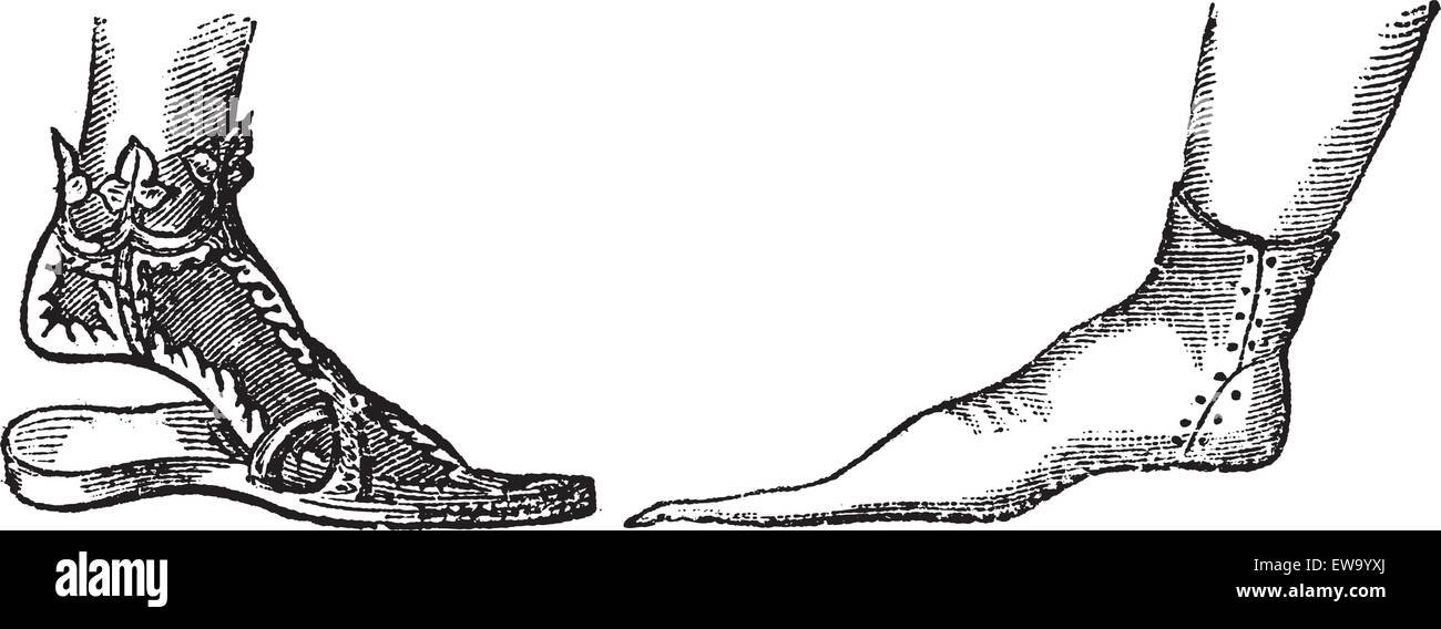 Sandale und Poulaine, vintage Gravur. Alte eingravierten Abbildung: Eine dekorierte Sandale von einem Porträt des Kaisers Friedrich III. (links) und eine Italienische Poulaine des 14. Jahrhunderts (rechts). Stock Vektor