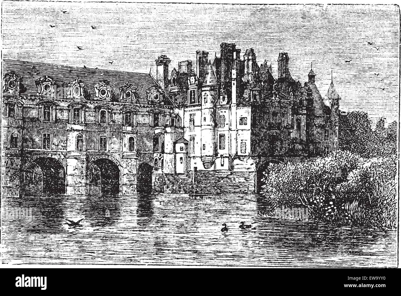 Schloss Chenonceau, in Chenonceaux, Frankreich, in den 1890er Jahren, Vintage Gravur. Alten graviert Außenillustration Schloss Chenonceau. Stock Vektor