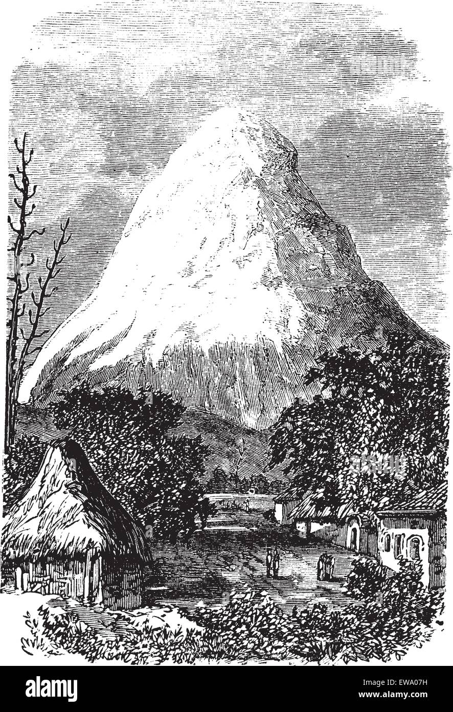 Vulkan Chimborazo in Ecuador, in den 1890er Jahren, vintage Gravur. Alte eingravierte Darstellung der Vulkan Chimborazo in Ecuador. Stock Vektor