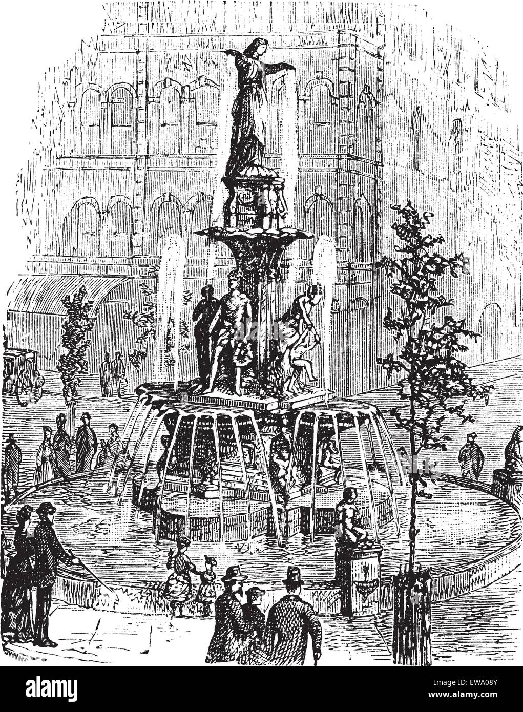 Tyler Davidson Brunnen oder Genius von Wasser oder die Dame oder den Brunnen, in Cincinnati, Ohio, USA, in den 1890er Jahren, vintage Gravur. Alte eingravierte Darstellung der Tyler Davidson Brunnen. Stock Vektor