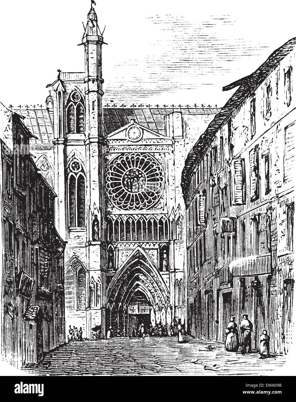 Clermont-Ferrand Kathedrale, in der Auvergne, Frankreich, in den 1890er Jahren, vintage Gravur. Alte eingravierte Darstellung der Clermont-Ferrand Kathedrale. Stock Vektor