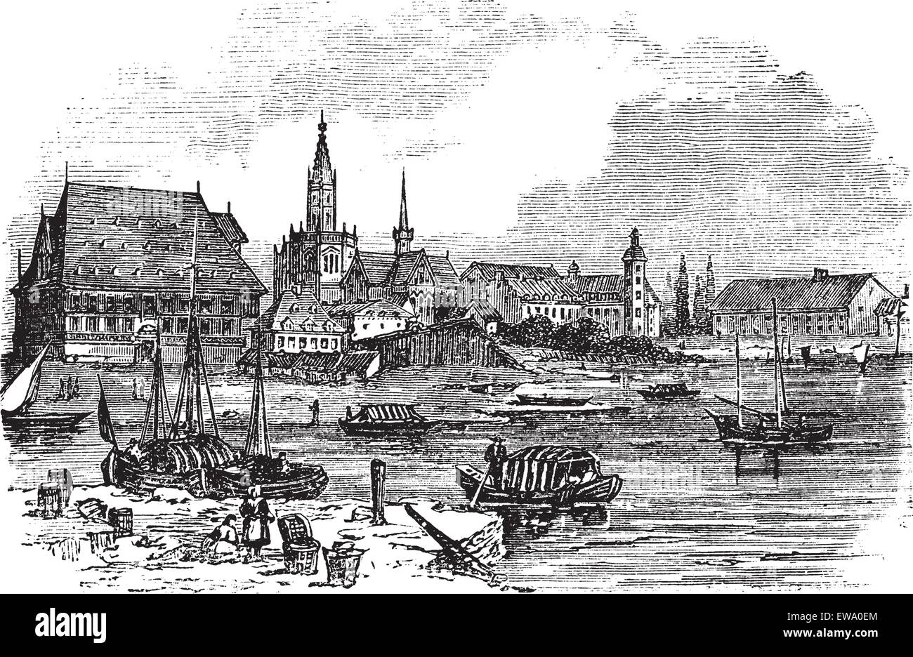Konstanz in Baden-Württemberg, Deutschland, in den 1890er Jahren, Vintage Gravur. Alten gravierten Abbildung von Konstanz. Stock Vektor