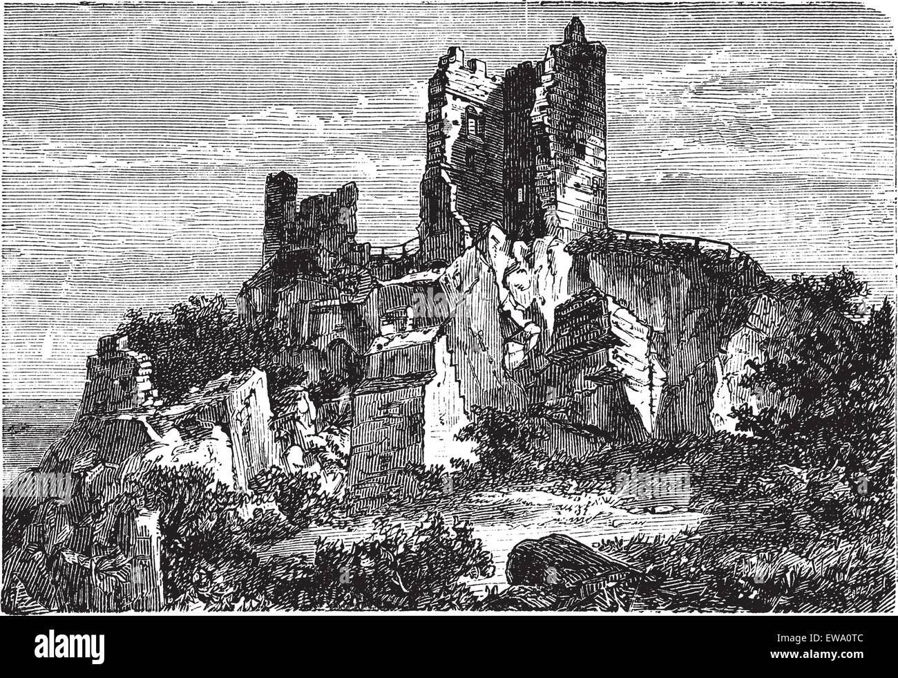 Burgruine Drachenfels Schloss in Rheinland-Pfalz, Deutschland, in den 1890er Jahren, vintage Gravur. Alte eingravierte Darstellung der Ruine der Burg Drachenfels. Stock Vektor