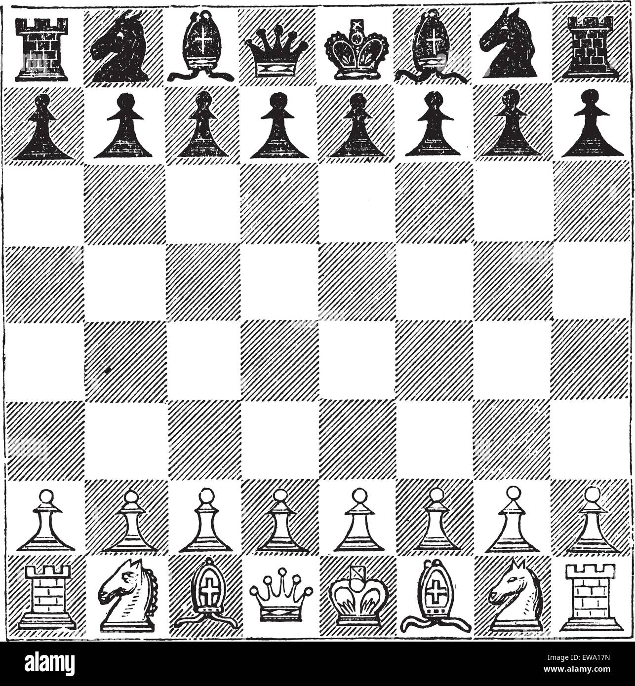 Schach, Vintage-Gravur. Alten gravierten Abbildung des Schachspiels zeigt Figuren auf einem Schachbrett angeordnet. Stock Vektor