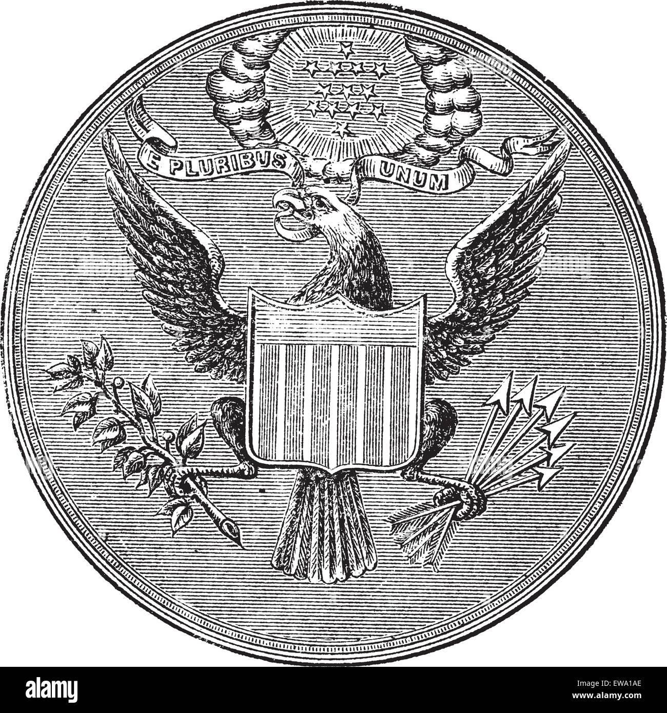 Große Siegel der Vereinigten Staaten von Nordamerika, graviert Vintage Illustration. Trousset Enzyklopädie (1886-1891). Stock Vektor