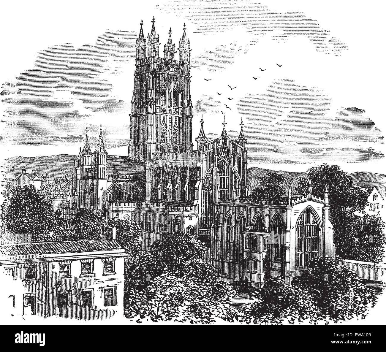 Die Kathedrale von Gloucester oder die Kathedrale Kirche des Hl. Petrus und der Heiligen und unteilbaren Dreifaltigkeit in Gloucester, England, in den 1890er Jahren, vintage Gravur. Alte eingravierten Abbildung: die Kathedrale von Gloucester aus dem Südwesten. Stock Vektor